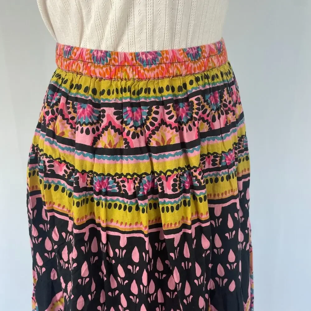 Soft Surroundings Midi Skirt Small Petite PS Pink Tiered Broomstick Boho Hippie